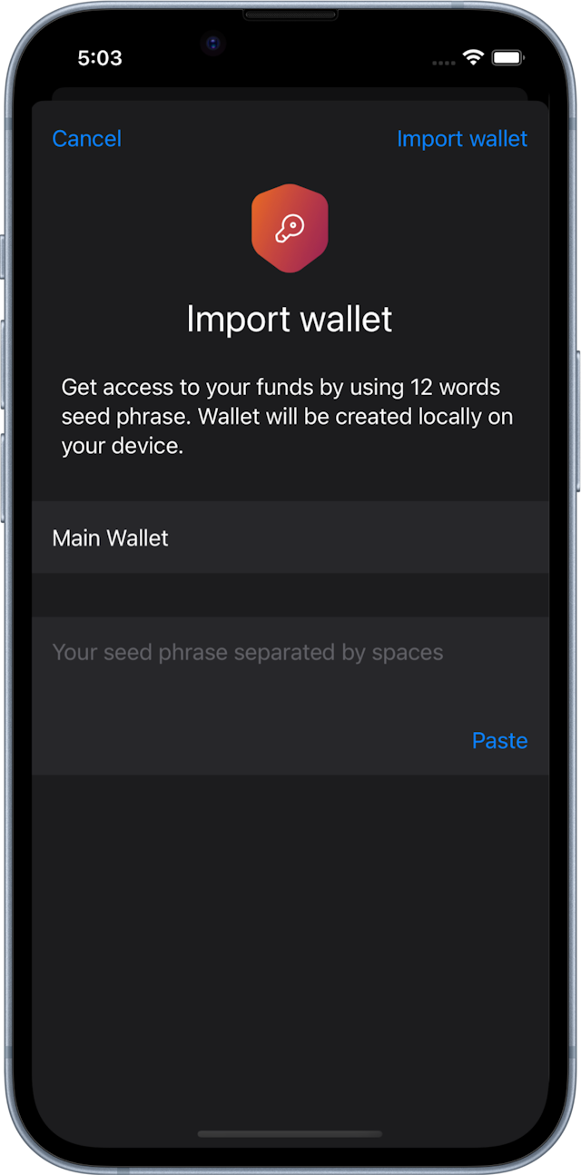 screenshot of importing a wallet