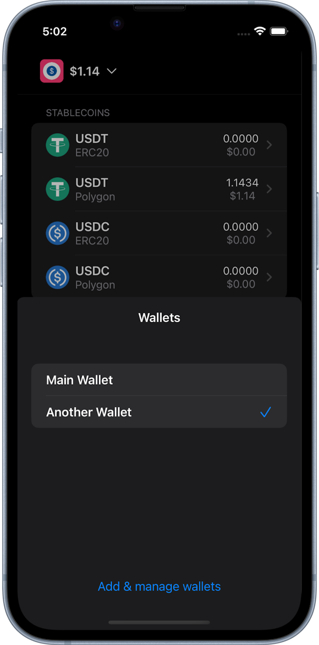 screenshot of managing multiple wallets