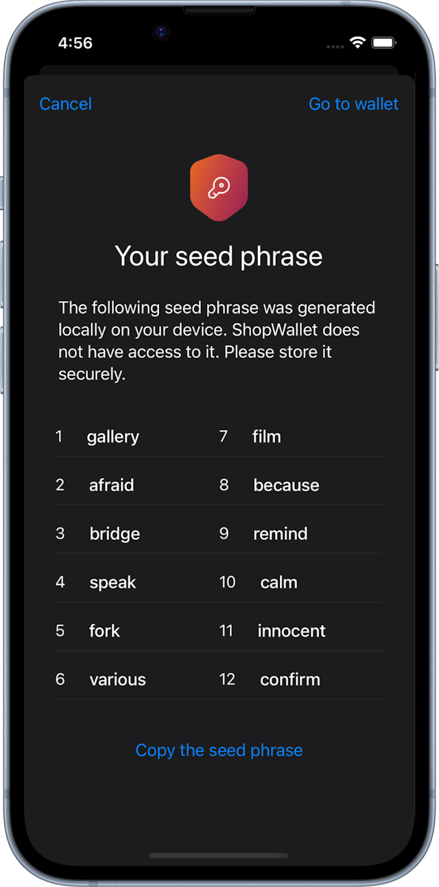screenshot of a seed phrase